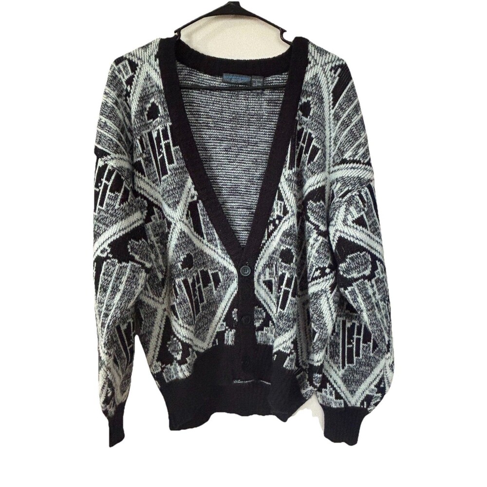 Vintage Playboy Cardigan Sweater Mens Large Black White 80s 90s Geometric